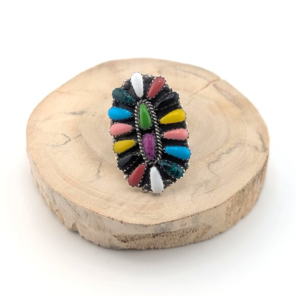 Native American Sterling‎ Silver Rainbow Multi-Stone Cluster Ring Sz 7 US ** - Picture 1 of 8